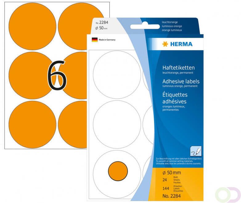 Herma Multipurpose etiketten Ã 50 mm rond fluor oranje permanent hechtend om met d